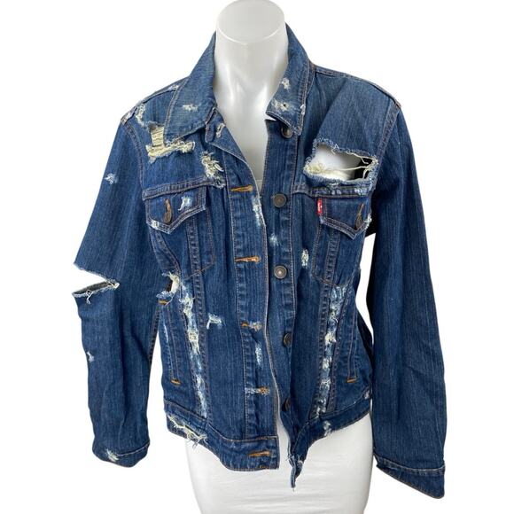 Levi's Blue Dark Wash Distressed Long Sleeve Button Down Denim Jeans Jacket Sz L - Picture 1 of 5